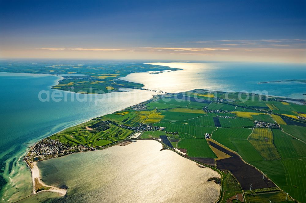 Fehmarn from above - Construction of the pier Fehmarnsundbruecke over the water surface of the Fehmarnsund of the Baltic Sea on the E47 road in Fehmarn on the island of Fehmarn in the federal state of Schleswig-Holstein, Germany