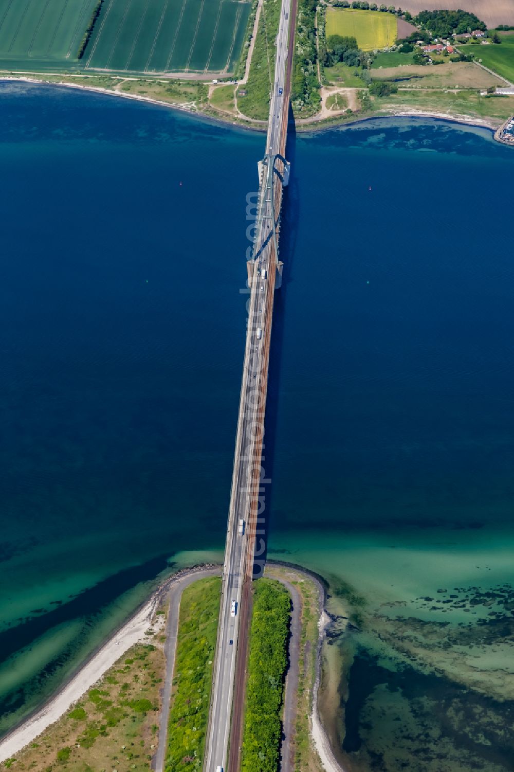 Aerial image Fehmarn - Fehmarn Sund Bridge between the island of Fehmarn and the mainland near Grossenbrode in Schleswig-Holstein, Germany