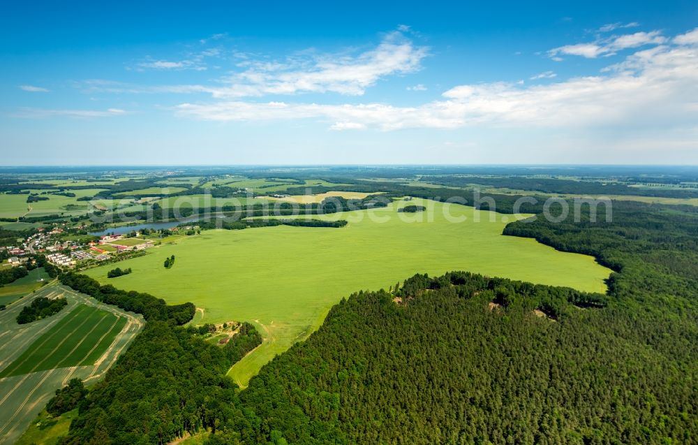 Kartkowo from the bird's eye view: Field landscape yellow flowering rapeseed flowers in Kartkowo in Pomorskie, Poland