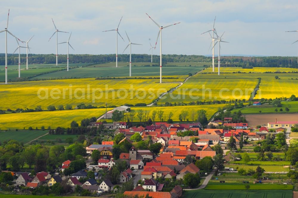 Aerial image Kirchengel - Field landscape yellow flowering rapeseed flowers in Kirchengel in the state Thuringia, Germany