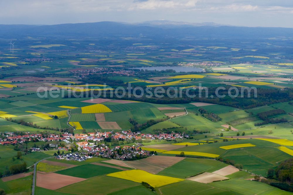 Landolfshausen from the bird's eye view: Field landscape yellow flowering rapeseed flowers in Landolfshausen in the state Lower Saxony, Germany