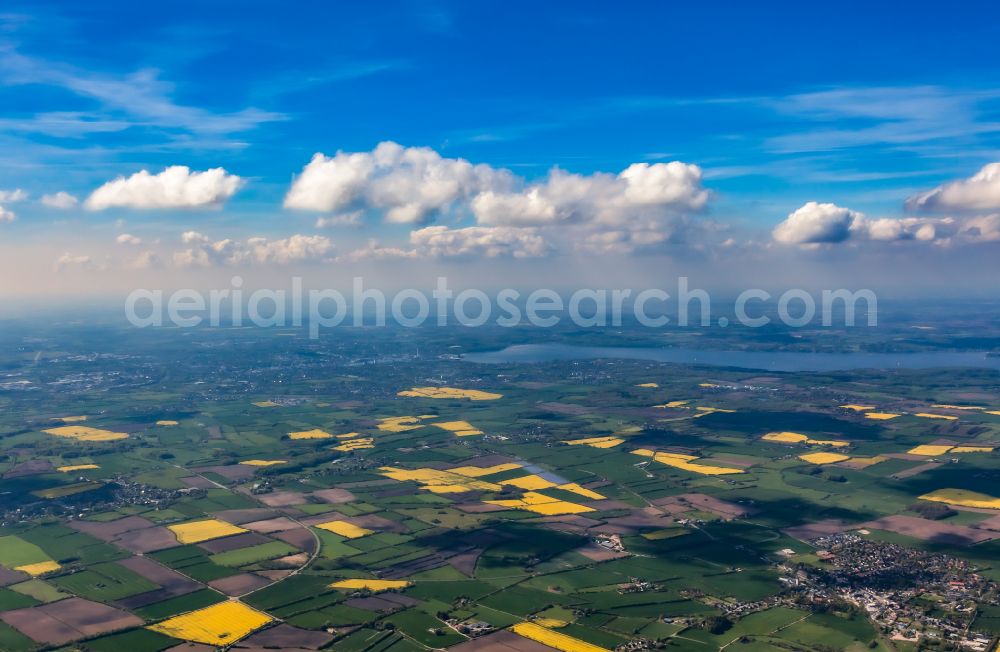 Aerial image Mittelangeln - Field landscape yellow flowering rapeseed flowers in Mittelangeln in the state Schleswig-Holstein, Germany