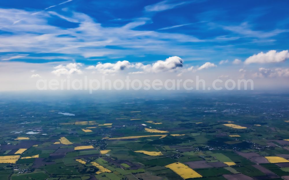 Aerial photograph Mittelangeln - Field landscape yellow flowering rapeseed flowers in Mittelangeln in the state Schleswig-Holstein, Germany