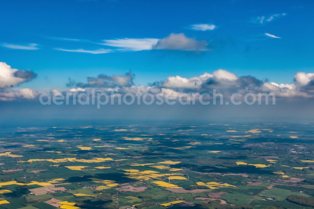 Mittelangeln from the bird's eye view: Field landscape yellow flowering rapeseed flowers in Mittelangeln in the state Schleswig-Holstein, Germany