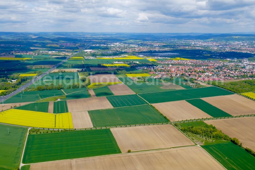 Rosdorf from above - Field landscape yellow flowering rapeseed flowers in Rosdorf in the state Lower Saxony, Germany