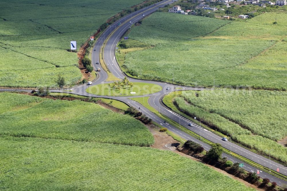 Aerial image Mare D'Albert - Field landscape with sugarcane at the motorway M2 in the south of Mauritius at Mare D'Albert