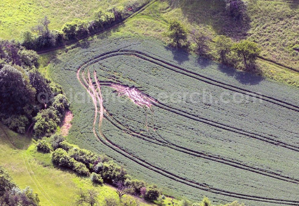 Tautenburg from above - On a field in Tautenburg in Thuringia, the traces of a large storm are still clearly visible. Heavy rain has softened the soil so that deep tracks of agricultural implements are visible on the site