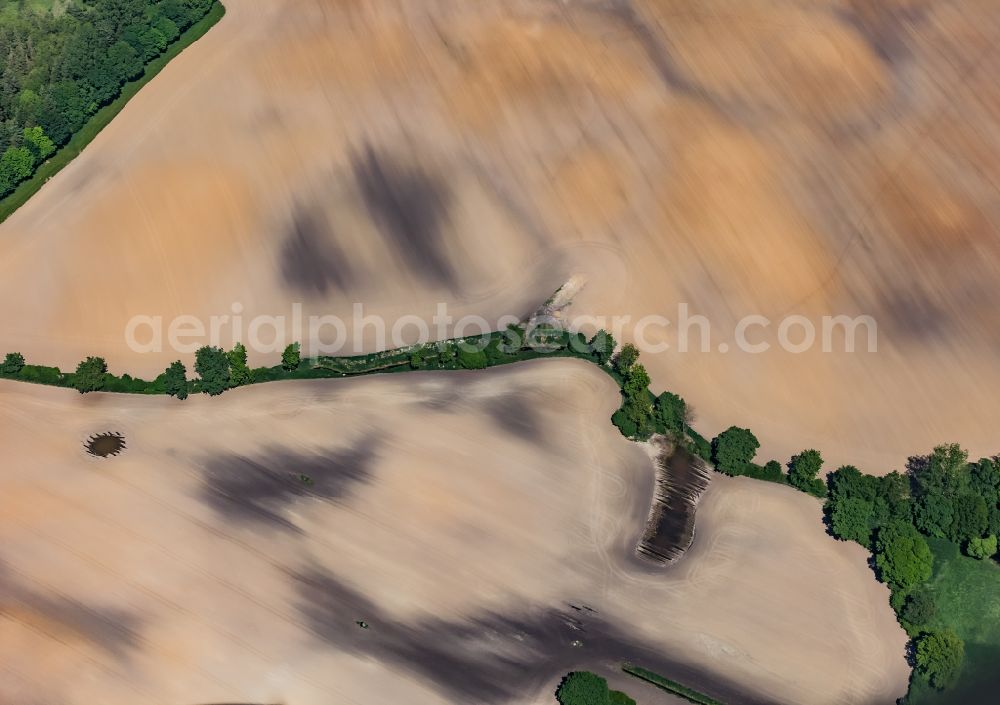 Helmstorf from above - Agricultural fields with adjacent forest and forest areas in Helmstorf in the state Schleswig-Holstein, Germany