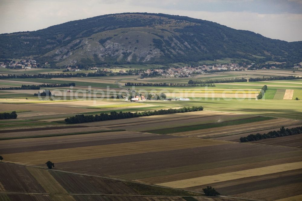 Hundsheim from above - Fields and landscape at the aerial sports center Spitzerberg in front of mountain Braunsberg in Hundsheim in Lower Austria, Austria