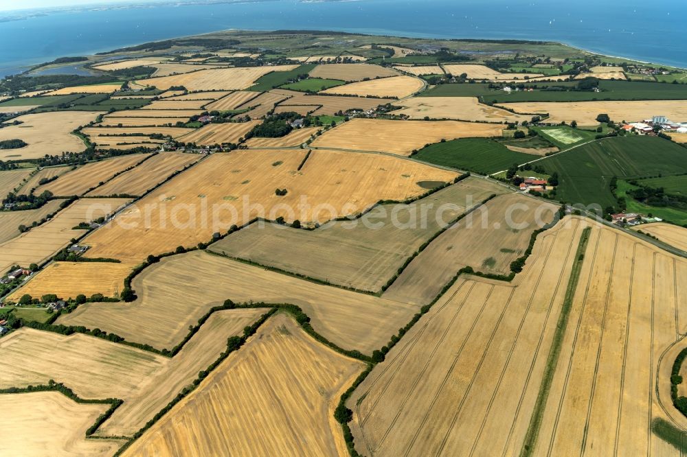 Aerial image Pommerby - Agricultural fields with adjacent forest and forest areas at Boysenfeld - Wattsfeld - Geltinger Strasse in Pommerby in the state Schleswig-Holstein, Germany