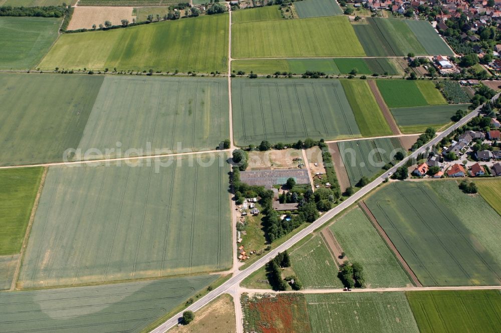 Selzen from above - Field landscape with intersecting field paths. Views of various green and striped fields. The fields are located along the Landstrasse L425 at the village of Selzen in the state of Rhineland-Palatinate