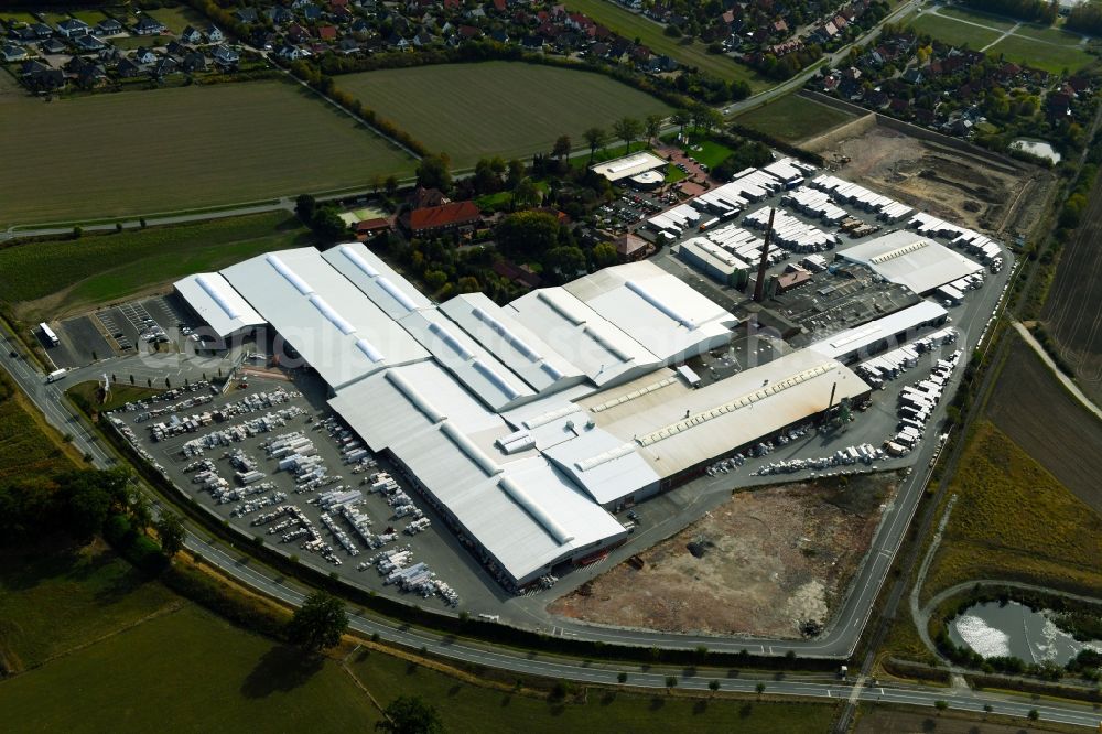 Bad Laer from above - Building and production halls on the premises of FELDHAUS KLINKER VERTRIEBS-GMBH on Nordring in Bad Laer in the state Lower Saxony, Germany