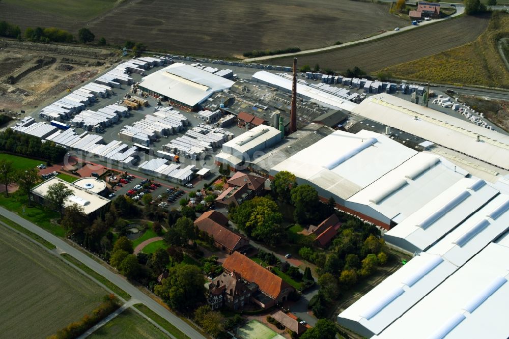 Bad Laer from above - Building and production halls on the premises of FELDHAUS KLINKER VERTRIEBS-GMBH on Nordring in Bad Laer in the state Lower Saxony, Germany