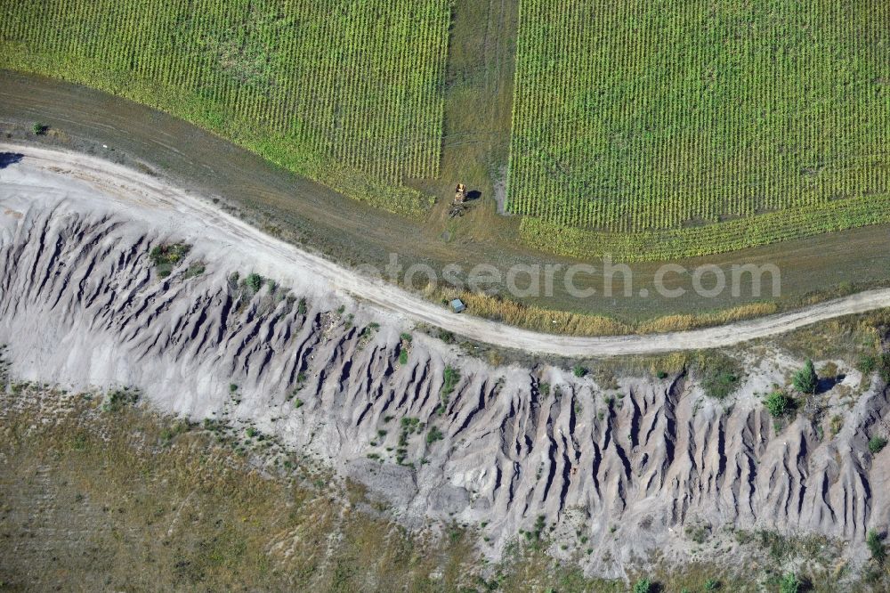 Grünewalde from above - Field edge to the slag heap of brown coal mining - mining landscape near Gruenwalde in Brandenburg