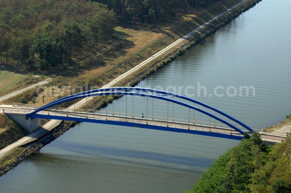 Aerial image Burg - Blick auf die Feldwegbrücke Schartau Detershagen. Die Brücke wurde im Jahr 2005 erbaut und überführt den Elbe-Havel-Kanal