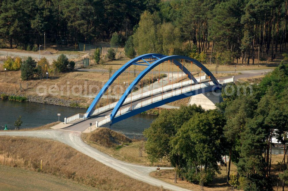 Aerial photograph Burg - Blick auf die Feldwegbrücke Schartau Detershagen. Die Brücke wurde im Jahr 2005 erbaut und überführt den Elbe-Havel-Kanal