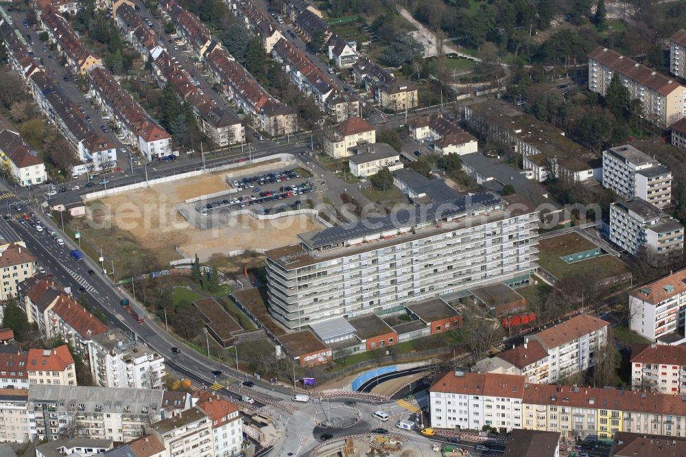 Basel from above - On the grounds of the Felix Platter Hospital in Basel, Switzerland, the geriatric competence center, a new building for geriatric medicine is under construction