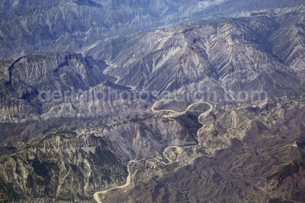 Aerial image Zagros Mountains - Rocky desert landscape in Zagros mountains at the river Koohrang in Khuzestan Province, Iran