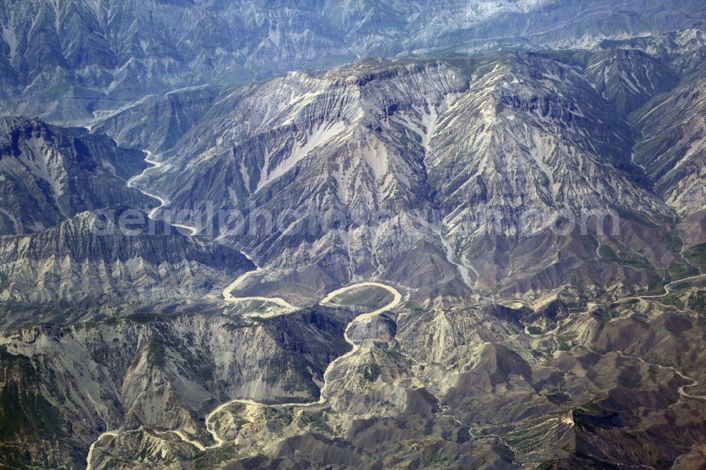 Aerial photograph Zagros Mountains - Rocky desert landscape in Zagros mountains at the river Koohrang in Khuzestan Province, Iran