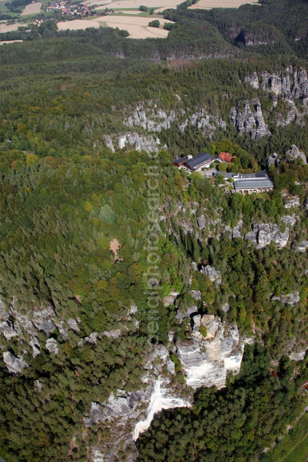 Aerial image Rathen - Rock and mountain landscape of the Basteigebiet in Rathen in the state Saxony