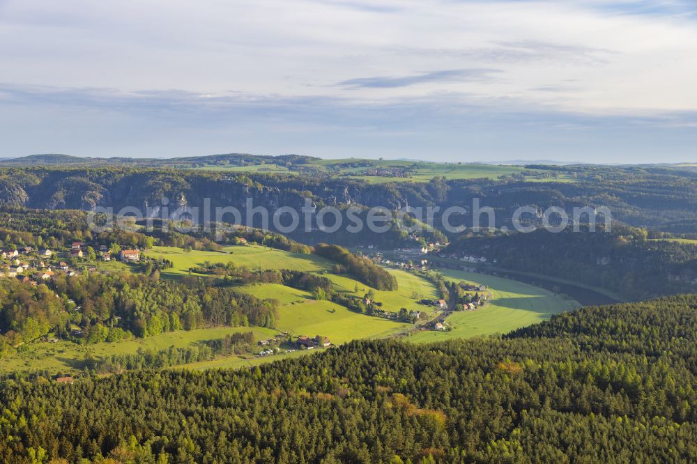 Aerial photograph Rathen - Rock and mountain landscape of the Basteigebiet in Rathen in the state Saxony