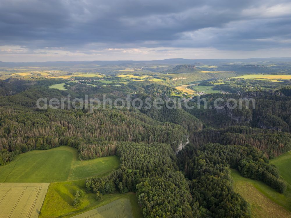 Rathen from the bird's eye view: Rock and mountain landscape of the Basteigebiet in Rathen in the state Saxony