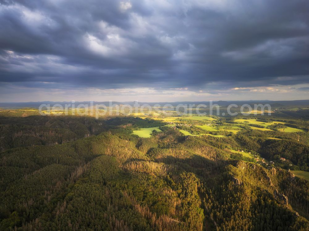 Aerial image Rathen - Rock and mountain landscape of the Basteigebiet in Rathen in the state Saxony