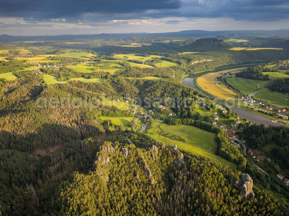 Aerial photograph Rathen - Rock and mountain landscape of the Basteigebiet in Rathen in the state Saxony