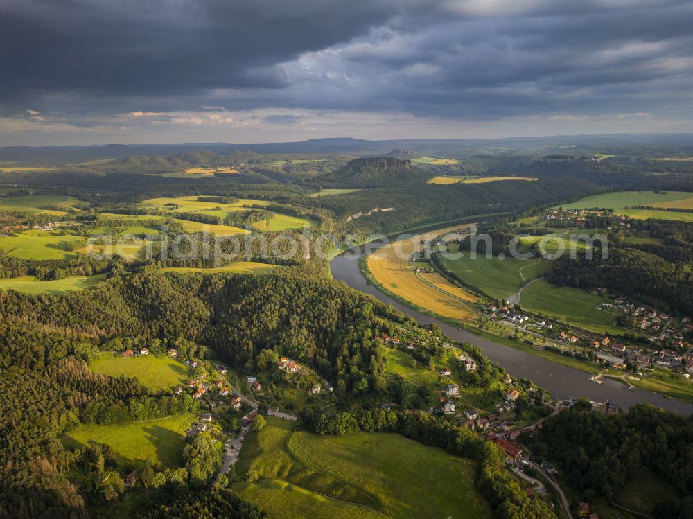 Rathen from above - Rock and mountain landscape of the Basteigebiet in Rathen in the state Saxony