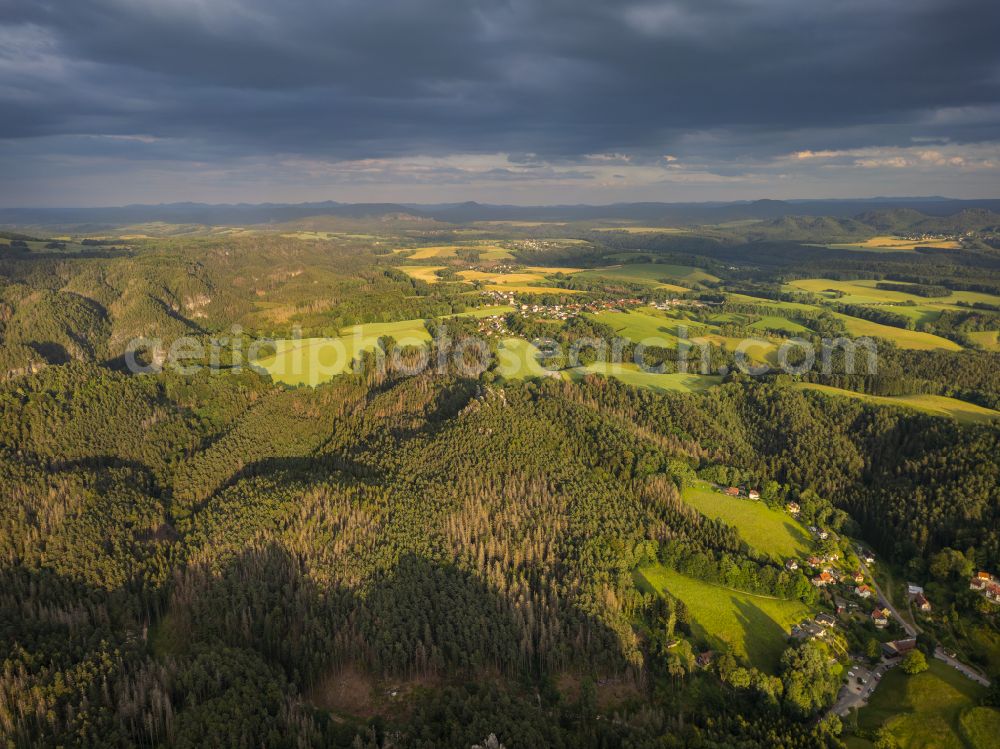 Rathen from the bird's eye view: Rock and mountain landscape of the Basteigebiet in Rathen in the state Saxony