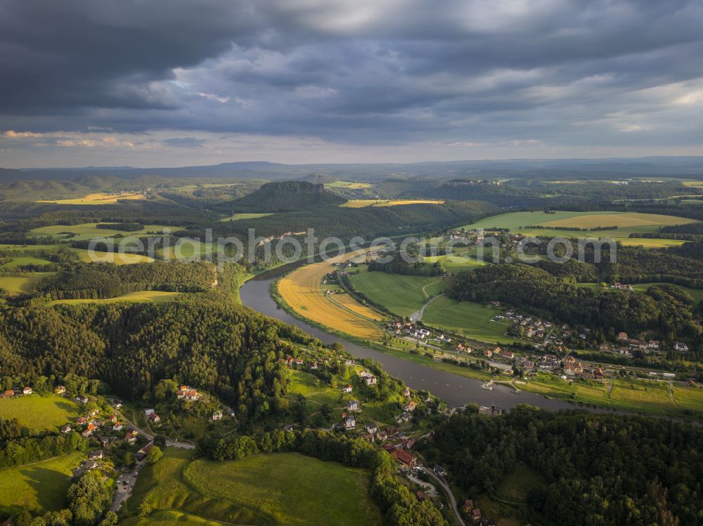 Aerial photograph Rathen - Rock and mountain landscape of the Basteigebiet in Rathen in the state Saxony