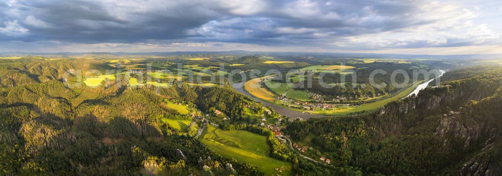 Rathen from the bird's eye view: Rock and mountain landscape of the Basteigebiet in Rathen in the state Saxony