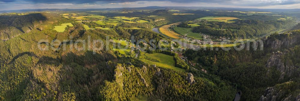 Aerial image Rathen - Rock and mountain landscape of the Basteigebiet in Rathen in the state Saxony