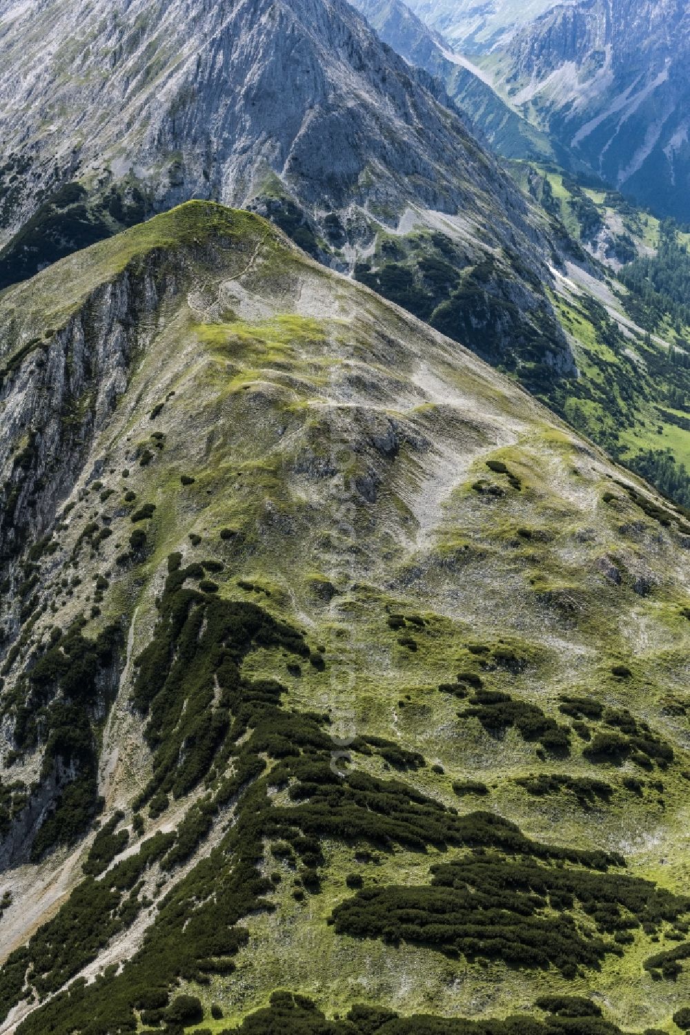 Aerial image Tarrenz - Rock and mountain landscape the Alps in Tarrenz in Tirol, Austria