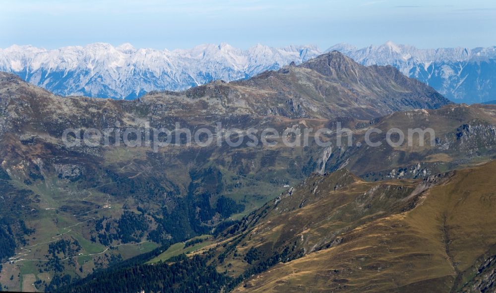 Aerial image Vals - Rock and mountain landscape in the alps near in Vals in Oesterreich