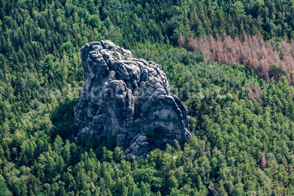 Ostrau from the bird's eye view: Rock massif and mountain landscape in the Elbe Sandstone Mountains in Ostrau in the state Saxony, Germany