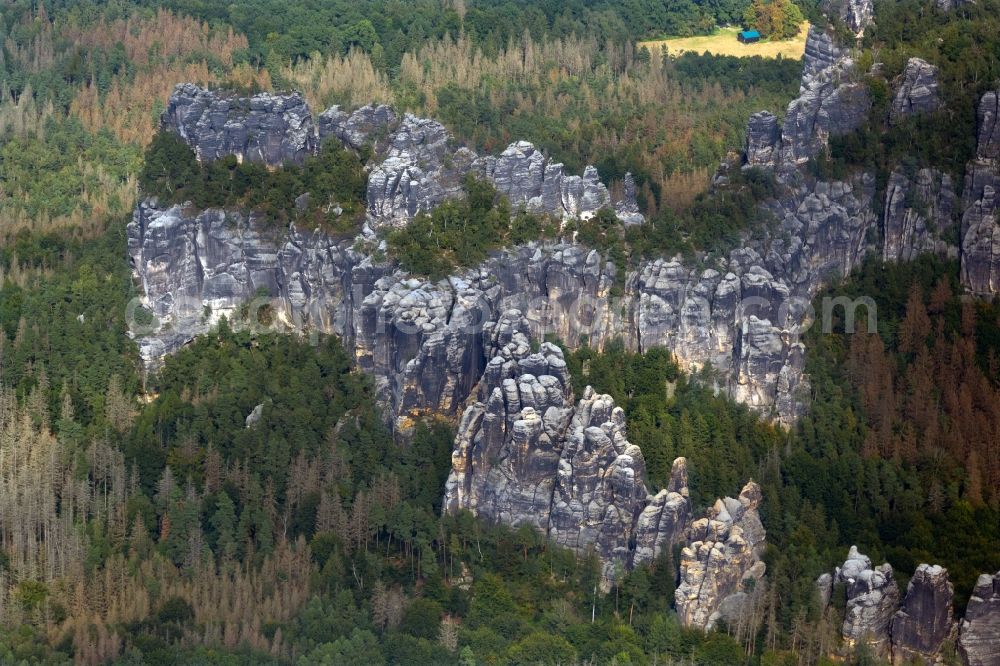 Ostrau from above - Rock massif and mountain landscape in the Elbe Sandstone Mountains in Ostrau in the state Saxony, Germany