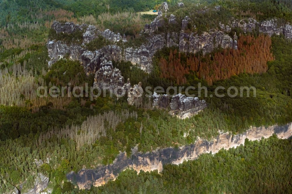 Ostrau from above - Rock massif and mountain landscape in the Elbe Sandstone Mountains in Ostrau in the state Saxony, Germany