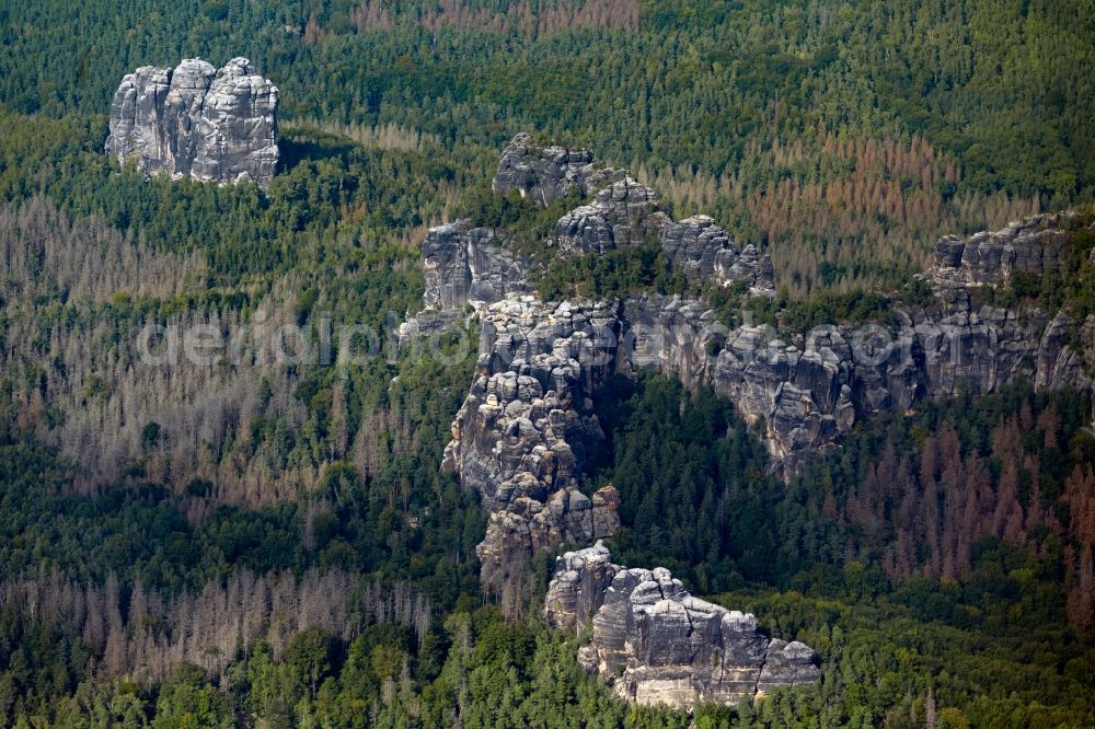 Aerial photograph Ostrau - Rock massif and mountain landscape in the Elbe Sandstone Mountains in Ostrau in the state Saxony, Germany