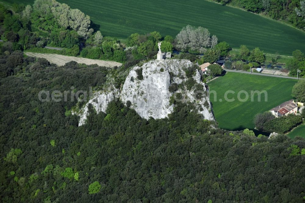 Aerial image Viviers - Rock and mountain landscape with Angel monument in Viviers in Auvergne Rhone-Alpes, France