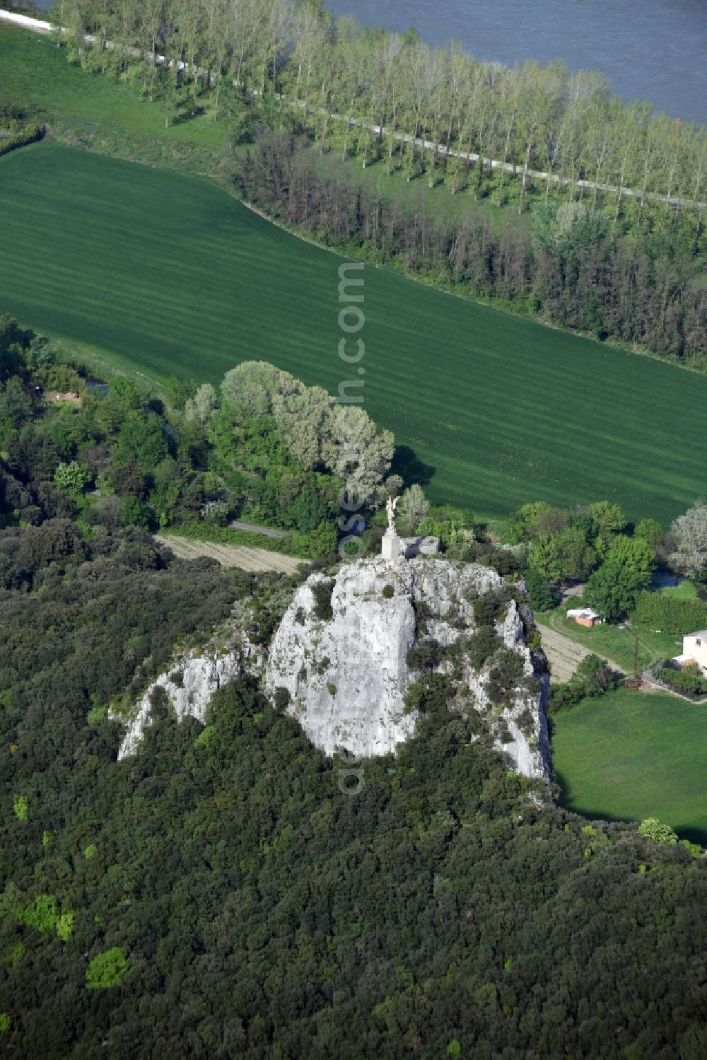 Viviers from above - Rock and mountain landscape with Angel monument in Viviers in Auvergne Rhone-Alpes, France