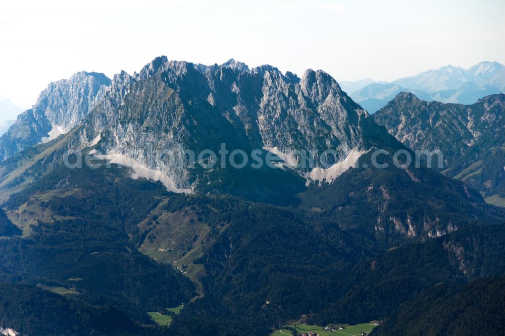 Aerial image Sankt Johann in Tirol - Rock and mountain landscape of the Kaisergebirge in Sankt Johann in Tirol in Austria