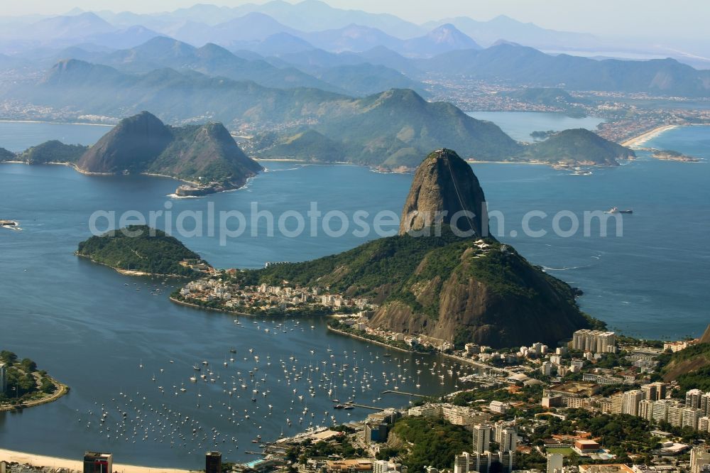 Aerial image Rio de Janeiro - Rock and mountain landscape Monumento Natural Dos Morros Do Pao De AcA?car e Da Urca in Rio de Janeiro in Brazil