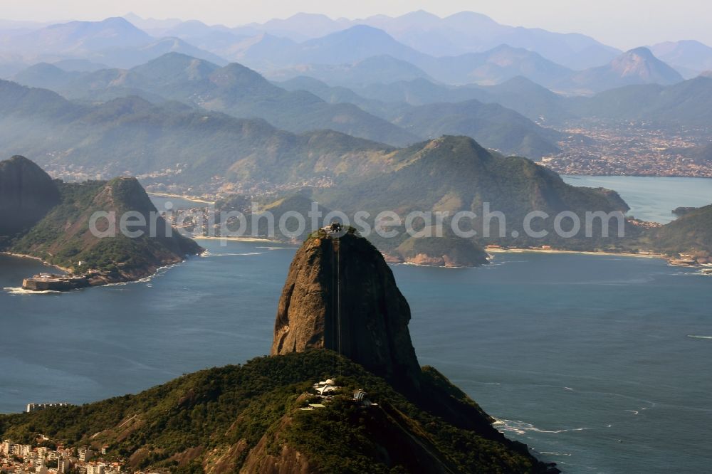 Aerial image Rio de Janeiro - Rock and mountain landscape Monumento Natural Dos Morros Do Pao De AcA?car e Da Urca in Rio de Janeiro in Brazil