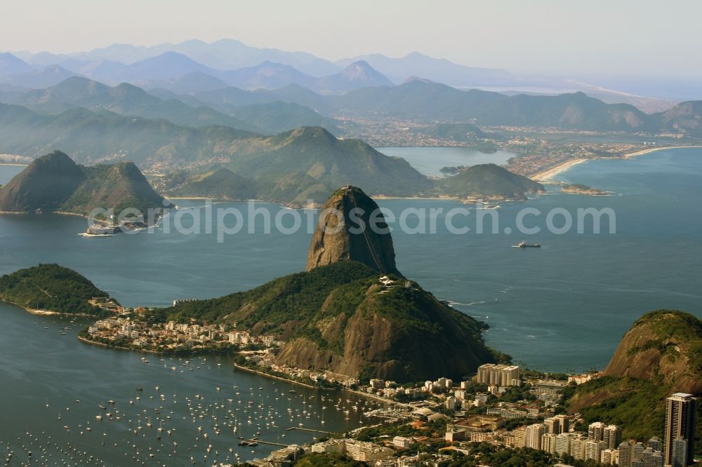 Rio de Janeiro from the bird's eye view: Rock and mountain landscape Monumento Natural Dos Morros Do Pao De AcA?car e Da Urca in Rio de Janeiro in Brazil