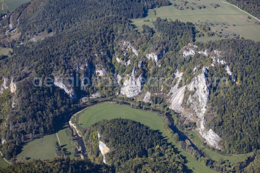 Buchheim from the bird's eye view: Rock and mountain landscape on nature park Obere Donau in Buchheim in the state Baden-Wurttemberg, Germany