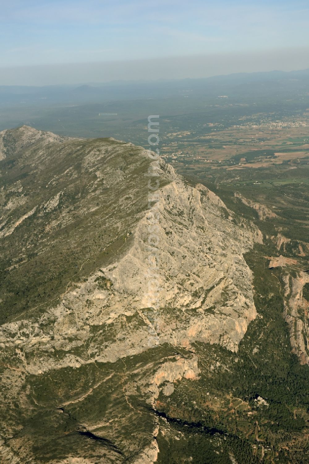 Aerial image Beaurecueil - Rock and mountain landscape Reserve Naturelle de Sainte-Victoire in Beaurecueil in Provence-Alpes-Cote d'Azur, France