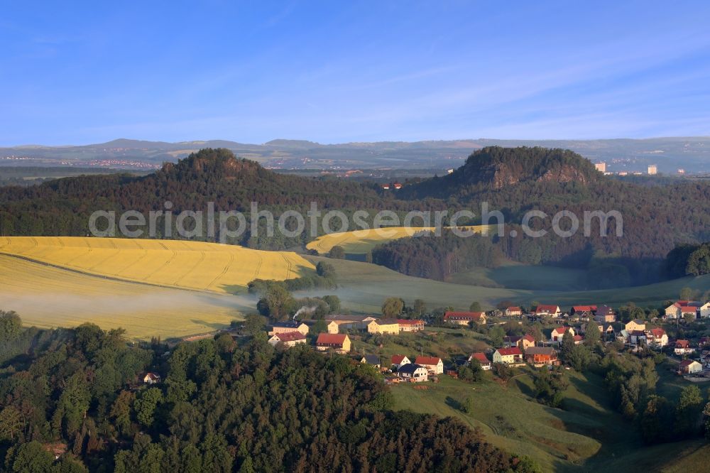 Weißig from the bird's eye view: Rock and mountain landscape Tafelberge Kleiner and Grosser Baerenstein in Weissig in the state Saxony, Germany