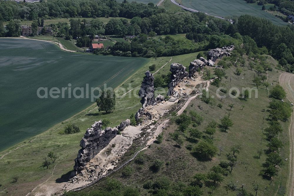 Aerial image Thale - Rock and mountain landscape Teufelsmauer Weddersleben in the district Weddersleben in Thale in the state Saxony-Anhalt, Germany