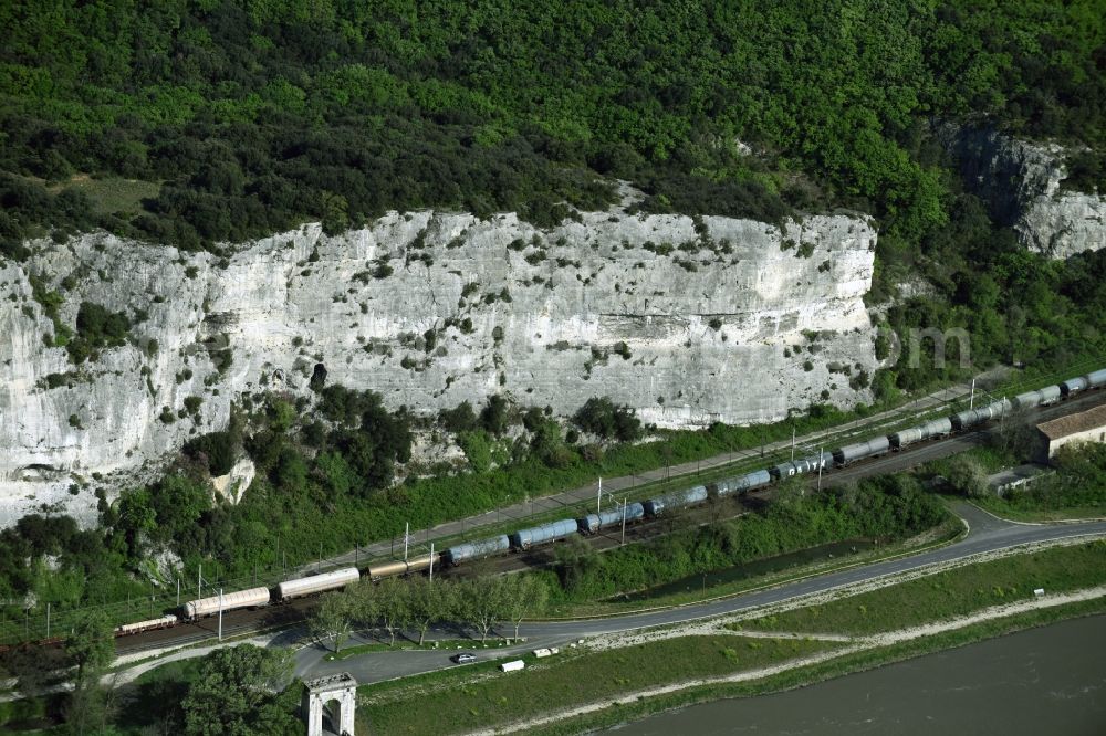 Viviers from the bird's eye view: Rock and mountain landscape on the banks of the Rotten History in Viviers in Auvergne Rhone-Alpes, France